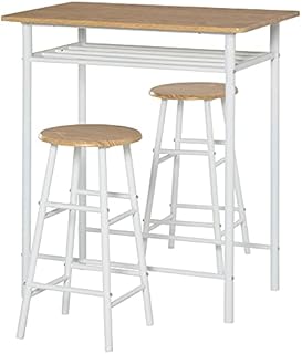 HOMCOM Bar Table Set, Bar Table and Stools Set, Footrest and Storage Shelf, for Kitchen, Dining Room, Pub, Cafe, White and Oak