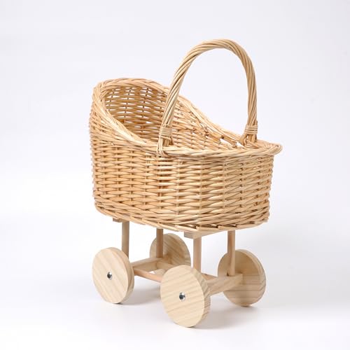 PebblePure Wicker Baby Carriage for Baby Shower Centerpieces - Woven Rattan Stroller Flower Basket, Vintage Wicker Stroller Planter for Table Decor, Boho Nursery Decoration & Photography Prop, Small