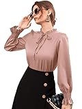 DIDK Damen Elegant Blusen Rüschen Shirts Bluse Langarmshirts OL Business Oberteile mit Schleife Grau-Rosa M