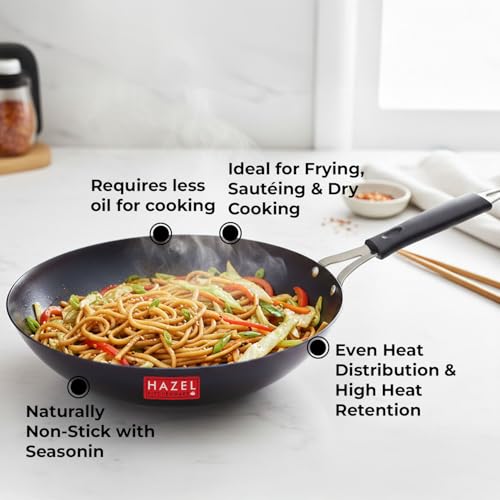 Image of HAZEL 24.7 cm Lokhand Iron Wok | 2.45 Litre Traditional Iron Kadai | Heavy Duty Deep Griddle for Stir-Fry and Indian Cooking | Gas Stove Compatible