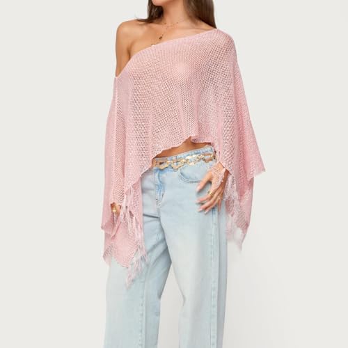 SOLILOQUY Women Y2K Tassels Knit Poncho Spark Sequined Off Shoulder Crochet Cape See-through Beach Cover Up Lightweight Shrug4