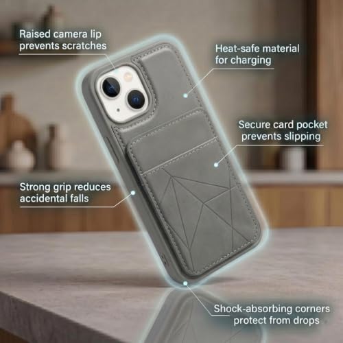Image of amazon basics Premium Vegan Leather Back Cover with Card Holder and Integrated Mobile Stand for iPhone 14 - Slim Shockproof Wallet Case with Geometric Stitching [Gray]
