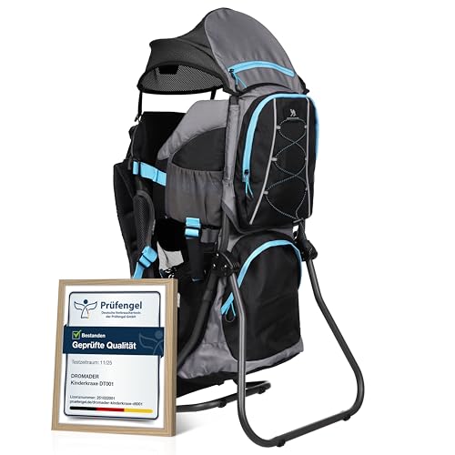 Dromader Kraxe Kindertrage bis 22kg - Baby Rückentrage Wandern mit Sonnendach Regenschutz - Babytrage Outdoor Trekking mit Thermotasche Wickelmatte - Einhändig klappbarer Aluminiumrahmen Schwarz Blau