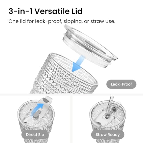 Image of INSETLAN Iced Coffee Cups with Lids and Straws, 13 oz Hobnail Glass Tumbler