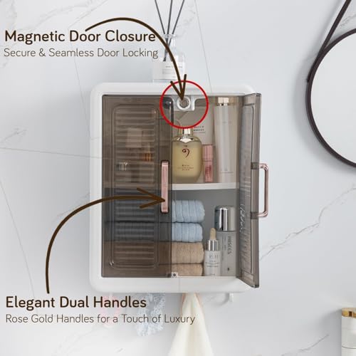 Image of Plastic Multipurpose Wall Mounted Storage Cabinet with Mirror | Bathroom Organizer Cabinet for Toiletries, Cosmetics & Accessories | Space Saving Wall Cabinet for Home, Kitchen & Bedroom Storage