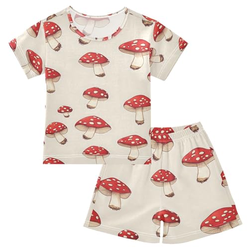 ALAZA Mushroom Red Cartoon Stylish Pajamas Set Short Sleeve Cotton Sleepwear Summer Pjs 2 Piece 5-14Y