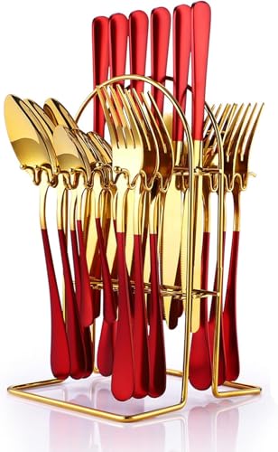Image of 24 Pieces Flatware Set, Stainless Steel Cutlery Set with Silverware Holder, Modern Gold Silverware Set Includes Dinner Knives Forks Spoons,Hanging Silverware (Red)