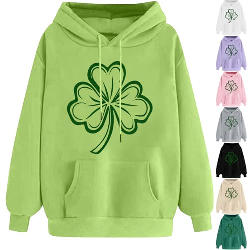 Saint Patricks Day Hoodie Womens UK Sale, Ladies Irish Clover Print Jumper Long Sleeve Hooded Sweatshirts, Shamrock Drawstring Pullover Comfortable Sweaters Tunic Tops Ireland Paddy's Day Outfits