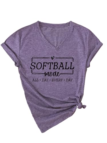 Softball Mode All Day Every Day T-Shirt for Women Game Day Shirts Softball Mom V Neck Tee Softball Season Tops