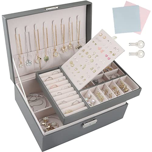 TEIVUL Joyeros Mujer Organizador, Joyero de piel sintética, Organizador Grande Extraíble de 2 Capas, para Collares, Pendientes, Pulseras, Anillos, Accesorios (Gris)
