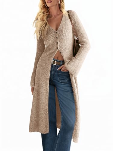 Saodimallsu Womens Long Cardigan Sweaters Oversized Bell Sleeve Open Front Button Down Casual Knit Fall Midi Dress