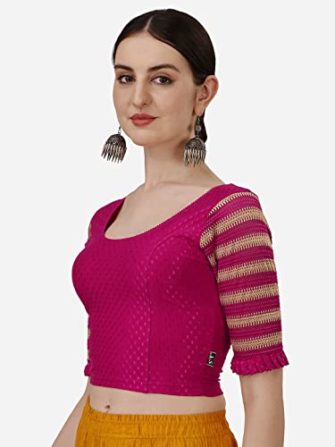 Image of SFT Round Neck Cotton Lycra Stretchable Laced Elbow Sleeves Readymade Saree Blouse for Women Stylish (Shibani