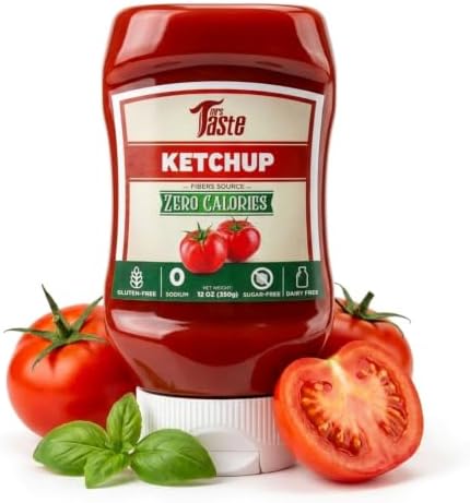 Mrs Taste Sugar Free Ketchup, Zero Calories, Zero Sodium, Zero Sugar, High Fiber, Keto Friendly, Condiments and Sauces, Free Peapops Protien Chips (12 oz, Ketchup)
