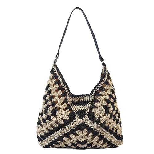 Skyearman Sac a Main Femme en Paille Grand Sacs Tissés pour Femme Sac de Plage D'été de Loisirs Tote Portés épaule Pour Voyage, Date et Vacances (Noir)