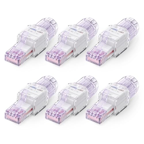 VCELINK CAT6 Tool-Free RJ45 Connector, No-Crimp UTP Reusable Plug for Field Termination, 23–26 AWG Ethernet Cables, 1000 Mbps, 6 Pack, Transparent Purple