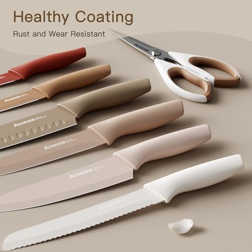 Astercook Knife Set, 13 Pieces Kitchen Knives Set with Healthy Anti-Rust Coating, Dishwasher Safe, Stainless Steel Chef Knife Sets with 6 Blade Guards, Fathers Day Gift for Men - 1