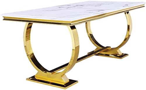 ACEDÉCOR Modern Dining Room Table with Gold Stainless Steel Metal U-Base in White Gold