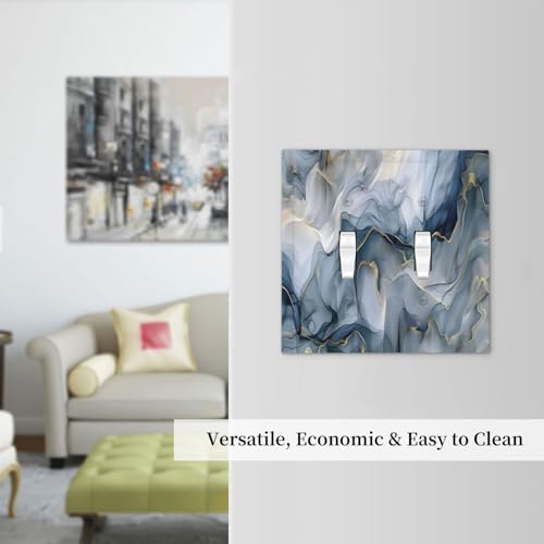 Decorative Switch Plate Covers Abstract Ink Blue Marble Glod Line Texture 2 Gang Light Switch Cover Plate Unique Double Toggle Wall Plate Light Switch Covers for Bathroom Decor
