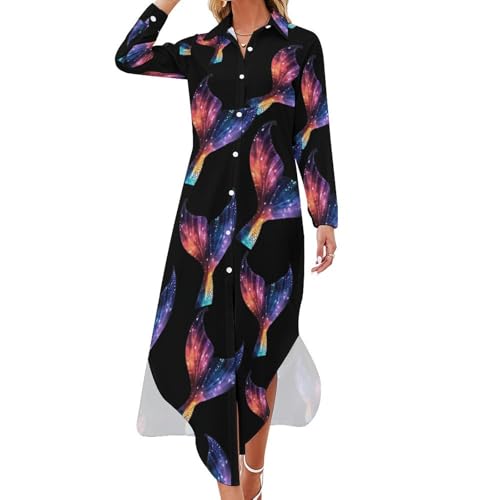 Vestido largo de manga larga con botones y abertura lateral para mujer, con purpurina y cola de sirena, Estilo:, 3XL