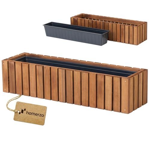 HOMERZO Jardinera de madera rectangular para flores – marrón impregnado, con inserto de plástico extraíble – Maceta para balcón, jardín y terraza (Vertical-marrón, 86x23 H20)