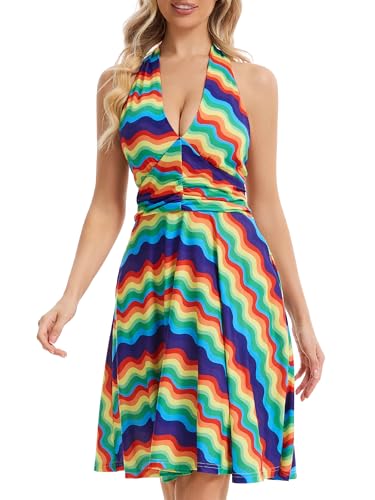Image of Women's Festival Dress- Halter V Neck Sleeveless Ruffle Mini Dresses with Pocket