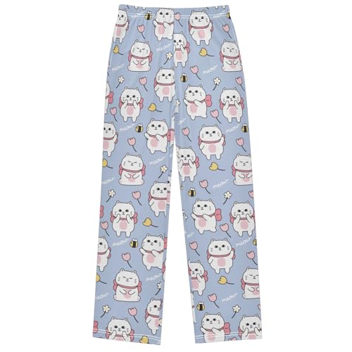 Boy's Pj Pants White Cat Wear Big Bow Flower Lounge Bottoms Elastic Waist Kids Joggers with Pockets Size 6-14