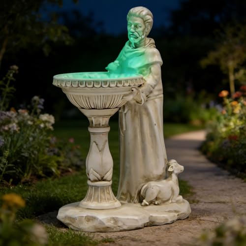 Sheaifun St Francis Garden Statue Outdoor Solar Garden Decor Resin 10.5 Inch Tall Colorful Lights St Francis Statue with Bird Bath Feeder for Yard Patio Lawn Decoration Religious Gifts for Women