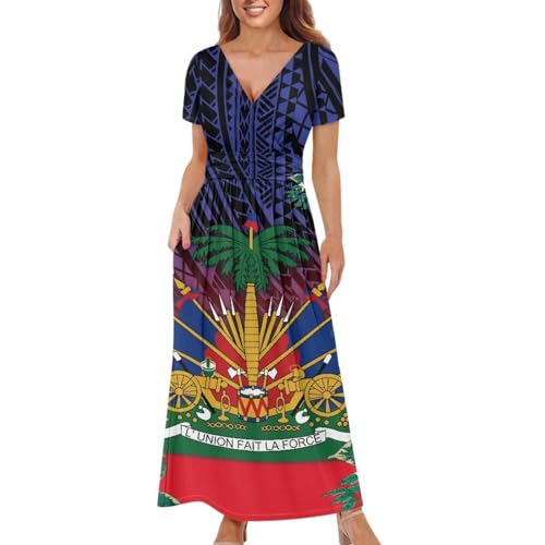 Image of Women's Fall Summer Short Sleeve Ankle Length V-Neck Party Dress with Pockets Size S-3XL