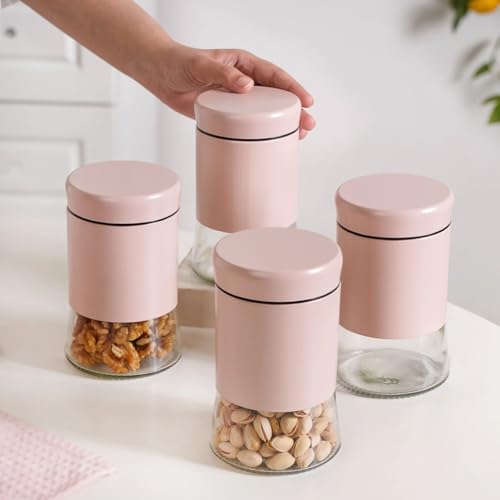 Image of Nestasia Metal Jacketed Glass Jars Set of 4 (800 ml) | Airtight See - Through Glass Containers with Lids for Kitchen Storage - Ideal for Storing Snacks, Dry Fruits, Pickles or Pulses (Pastel Pink)