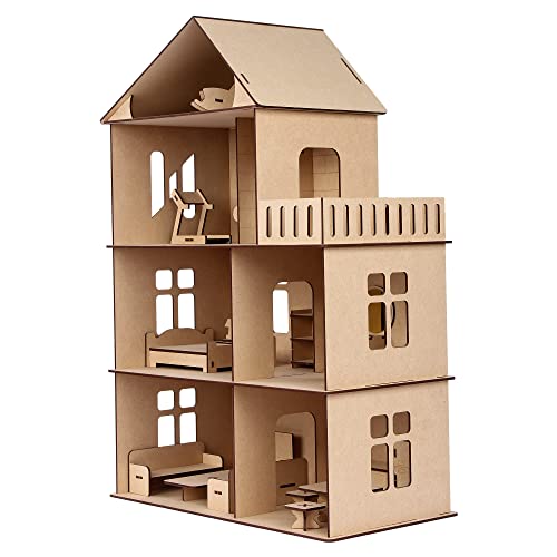 Image of DIY Wooden Doll House with Furniture for Kids, Model 5, Large Dollhouse Construction Kit with Assembly Instructions