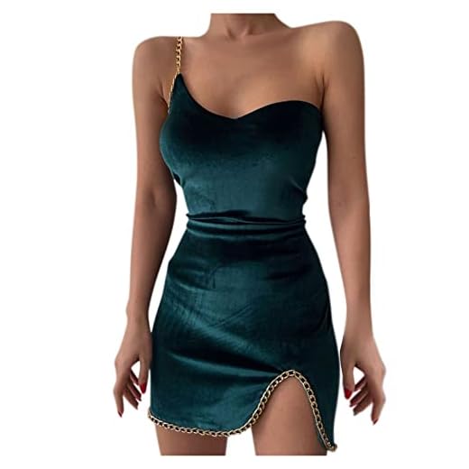 One Shoulder Dresses for Women,Velvet Sleeveless Bodycon Ruched Slit Solid Sexy Club Dress with Chain Hem Strap,Side Split Irregular Hem Empire Waist Evening Party Dress (Green,Medium)