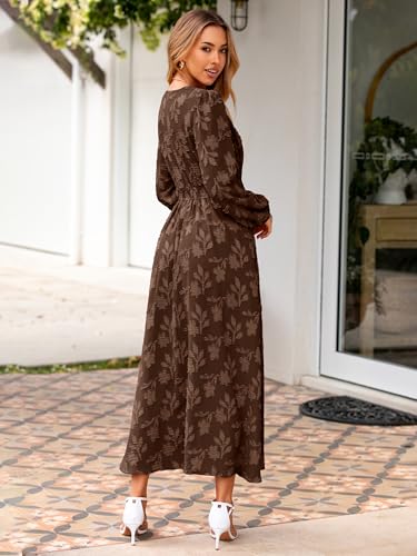 Image of Simplee Womens Boho Floral Long Sleeve Maxi Dress V Neck Empire Waist Fall Wedding Guest Dresses with Pockets