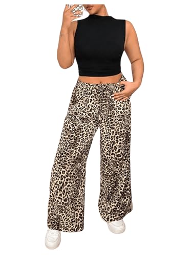WDIRARA Women's Plus Size Leopard Print Pants Elastic High Waist Trousers with Pockets