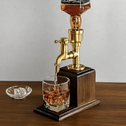 BIUMEICVIS Steampunk Whiskey Dispenser with Wood Base & Brass Tap | Industrial Mancave Bar Decor & Home Bar Accessory | Unique Gift for Him, Father’s Day, Birthday