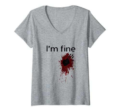 Donna I'm Fine Blood Splatter e sanguinosa stampa a mano Halloween Fun Maglietta con Collo a V