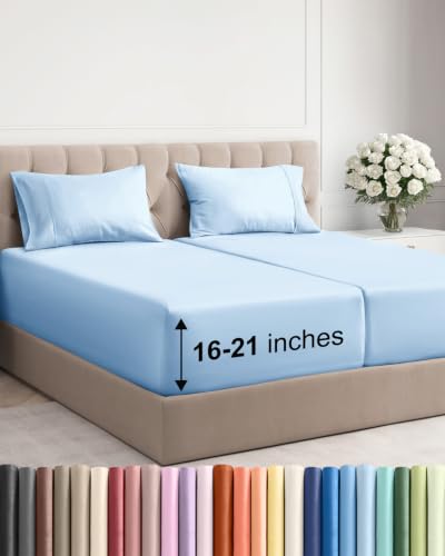 Image of Extra Deep Pocket Split King Sheet Set - Breathable & Cooling - Light Blue