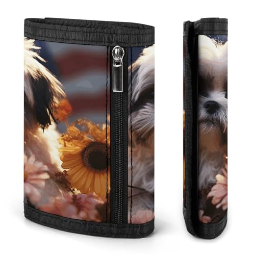 Shih Tzu Dog And Flowers Trifold Wallet Coin Purse With 8 Card Slots Credit Card Holder Divided Billfold Wallet3