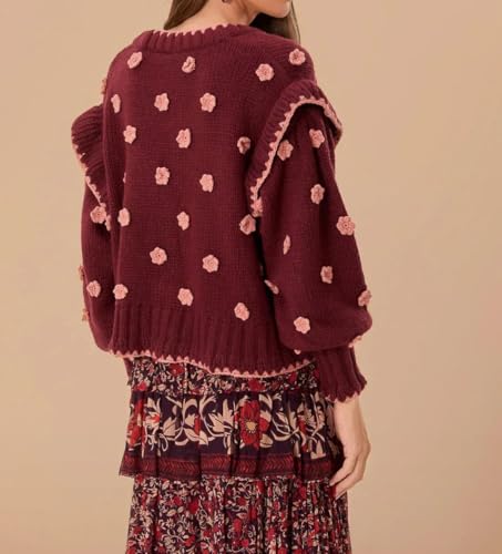 Womens Floral Cardigan Sweater Chunky Knit Drop Shoulder V Neck Button Down Embroidered Flower Cardigan Tops4