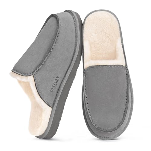 Image of FITORY Men's Warm Suede Slippers,Winter Comfy Casual Fuzzy Lined Leather House Shoes for Indoor Outdoor Charcoal Grey Size 9.5