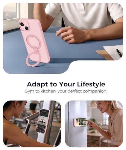 Image of FNTCASE for iPhone 15 Plus Case: iPhone 14 Plus Phone Case [360 Spin Magnetic Stand] [Compatible with Magsafe] [Screen Protector] Translucent Matte Military Grade Shockproof Phone Cover - Pink
