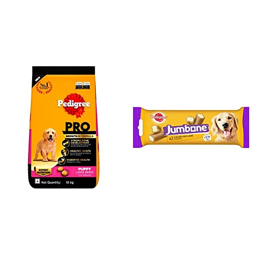 Image of Pedigree PRO Expert Nutrition Dry Food for Large Breed Puppy (3-18 Months), 10kg Pack&Pedigree Jumbone Treat for Dog, Chicken & Lamb Flavour, 2 Packs (2 x 180g)