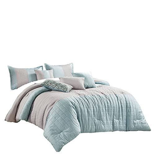 Hig 7 Pcs Modern Quilted Patchwork Comforter Set Queen, Blue Decorative Chic Down Alternative Bed Set For Bedroom, All Season Color Block Bed In A Bag - 1 Comforter, 2 Shams, 4 Decor Pillows (22163) #TOP1