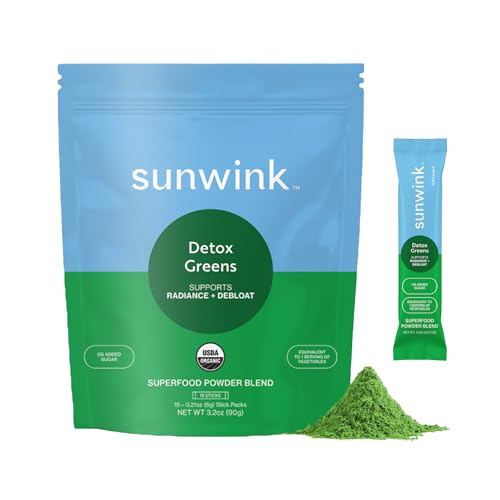 Sunwink Detox Powdered Greens - Organic Greens SuperFood Powder for Debloat - Super Greens Powder w/Celery, Dandelion, Spirulina - Daily Greens Powder for Gentle Detox (6g Each, Pack of 15)