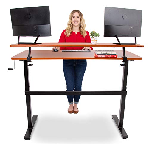 Stand Steady Tranzendesk 55 In Standing Desk With Clamp On Shelf | Crank Manual Height Adjustable Stand Up Desk With Attachable Monitor Riser | Holds 3 Monitors & Adds Extra Desk Space (55/Cherry) #TOP5