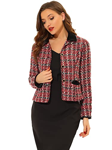 Allegra K Women's Winter Fall Tweed Cropped Suit Blazer Vintage Work Office Short Tweed Jacket Coat
