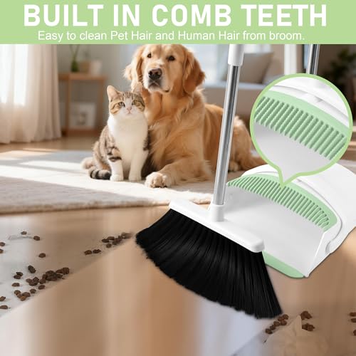 Image of Broom with Dustpan Combo Set for Home, 52-in Long Adjustable Handle Angle Broom and Dustpan Set with Dustpan Comb Teeth for Sweeping Pet Hair Food Dirt Kitchen (White-Green)