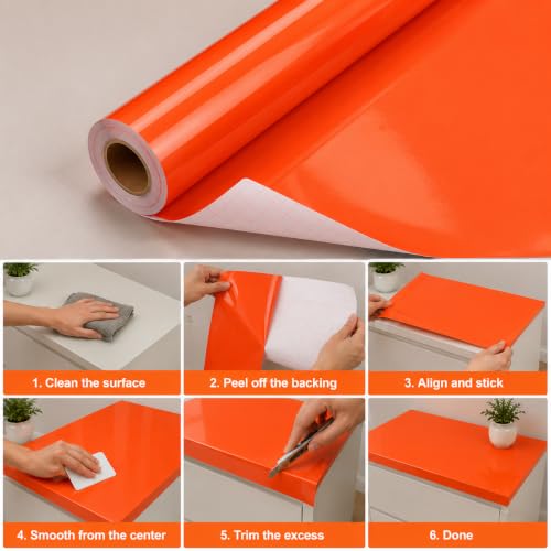 Image of Vinyl Contact Paper Decorative for Cabinets Countertops Kitchen Shelves Liner Self Adhesive Film Peel and Stick Waterproof Removable Wallpaper (Inches 24 x 72, Glossy Orange)