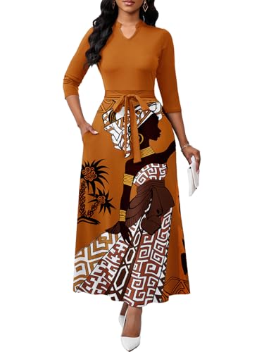 Image of BubFee Maxi Dresses for Women Semi Formal Long Dress 3 /4 Sleeve Casual A-line Church Dresses with Pockets