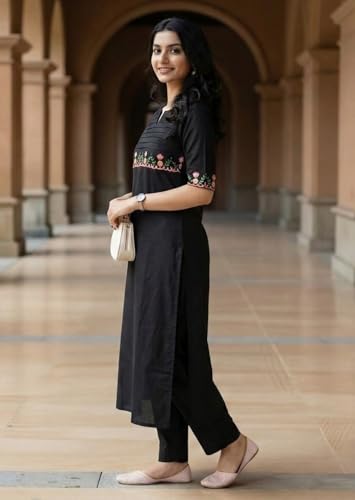 Image of eightone Women's White Cotton Straight Kurti with Floral Embroidery, Pin-Tuck Yoke, Casual Ethnic Wear