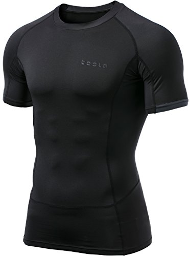 TSLA Men's UPF 50+ Quick Dry Short Sleeve Compression Shirts, Athletic Workout Shirt, Water Sports Rash Guard, Energetic Black, Medium